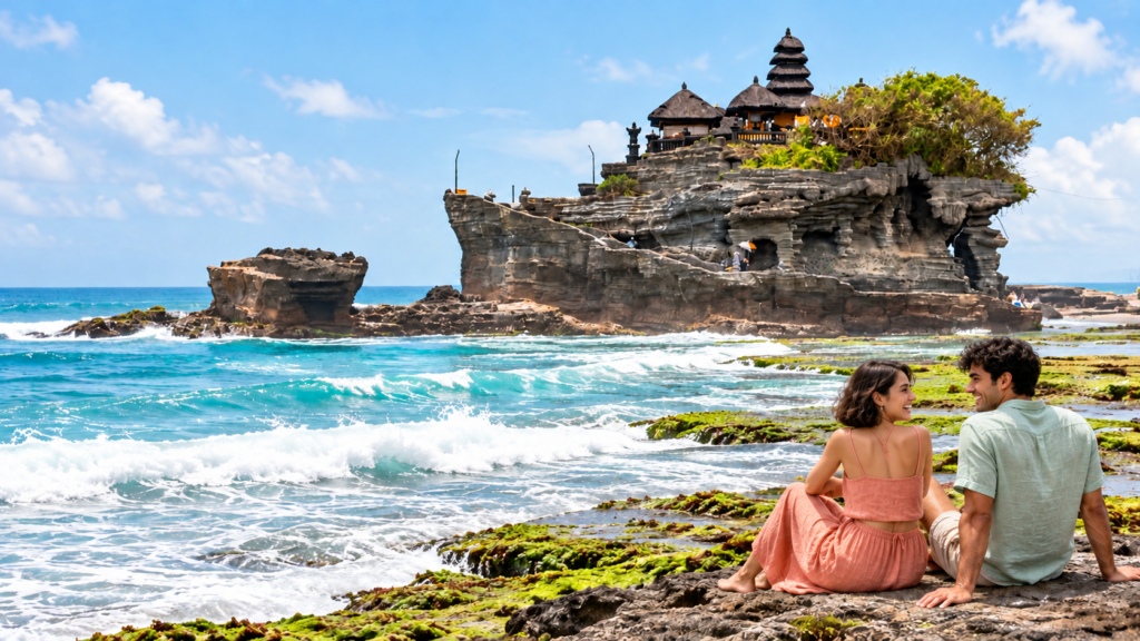 Bali Tanah Lot Tapınağı manzarasında genç çift