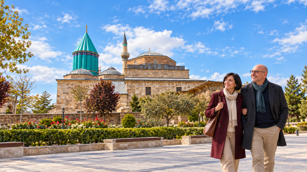 Mevlânâ Müzesi önünde gözlüklü erkek ve kısa saçlı kadın gezgin çift
