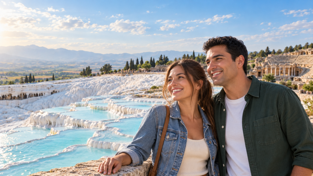 Pamukkale travertenleri önünde genç gezgin çift