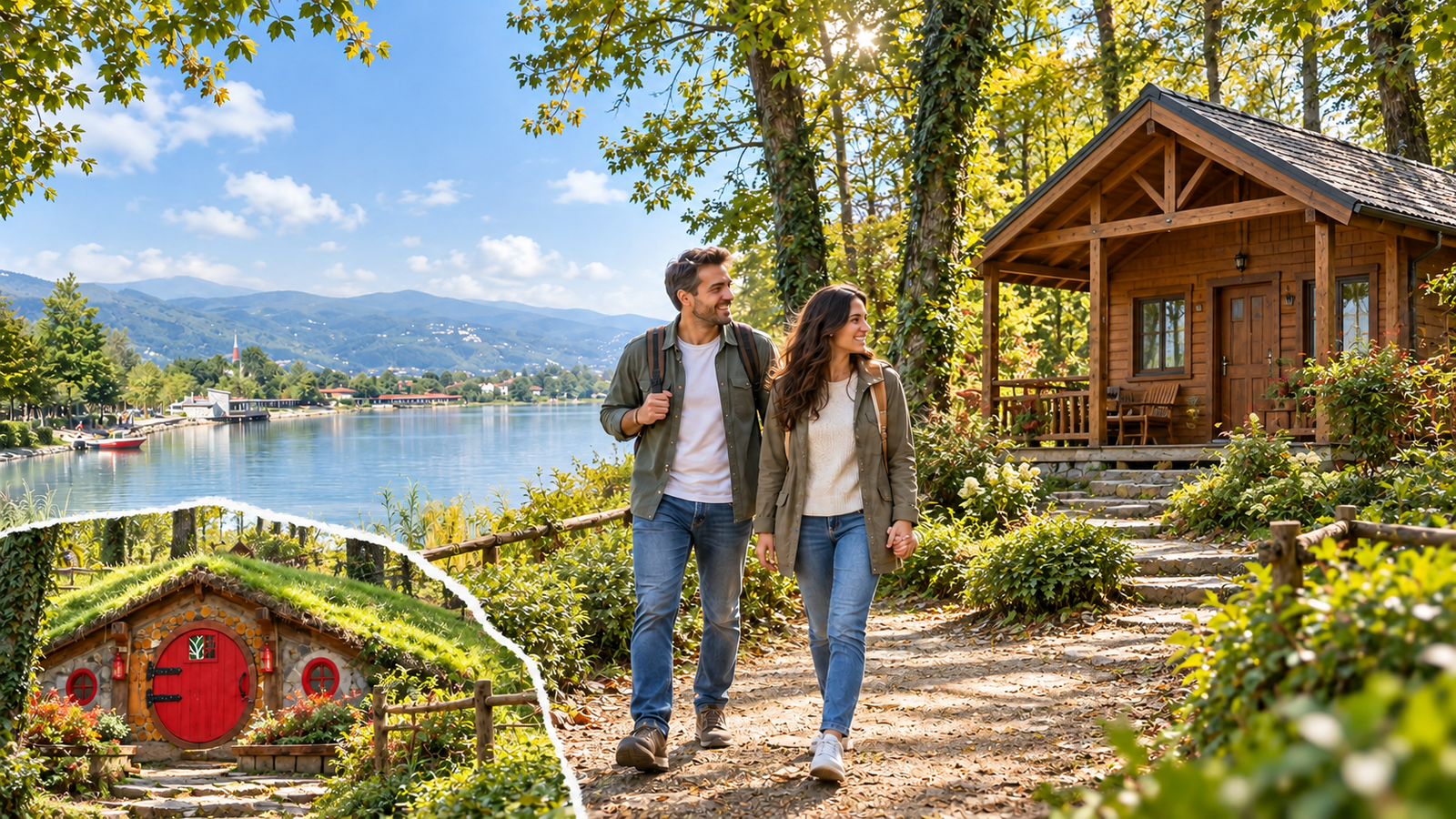 Sapanca Gölü, bungalov tesisi ve Ormanya gezi durağı kompozisyonunda yetişkin çift