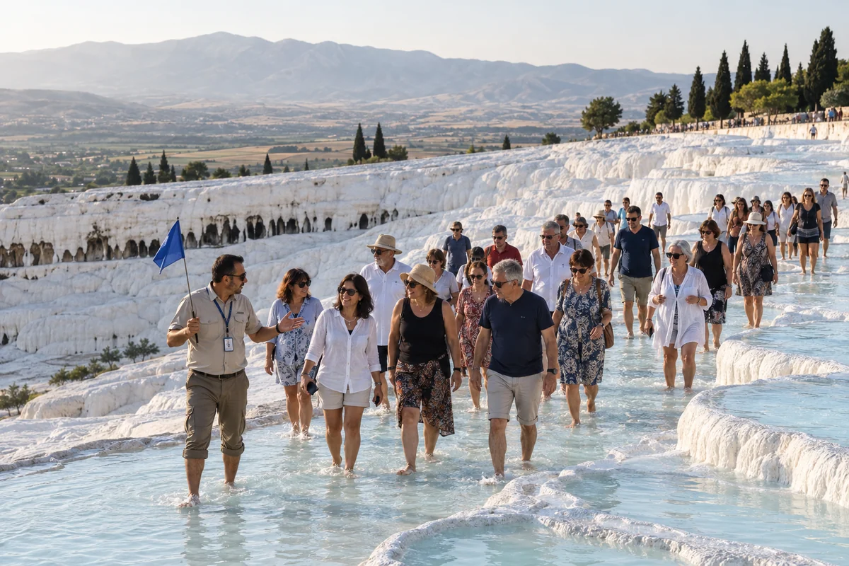Pamukkale travertenlerini gezen kültür turu grubu