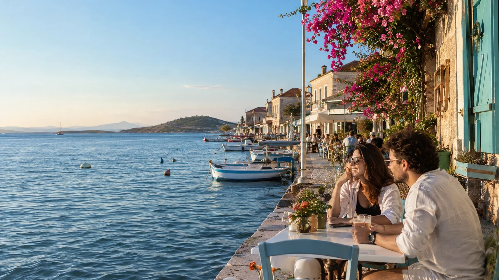 Ayvalık kıyısında tekneler, taş evler ve tatil yapan çift