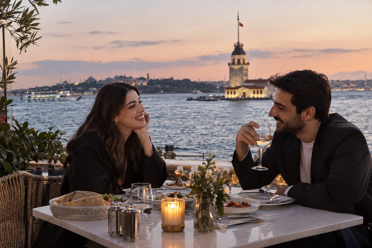 Kız Kulesi manzarasında akşam yemeği yiyen çift